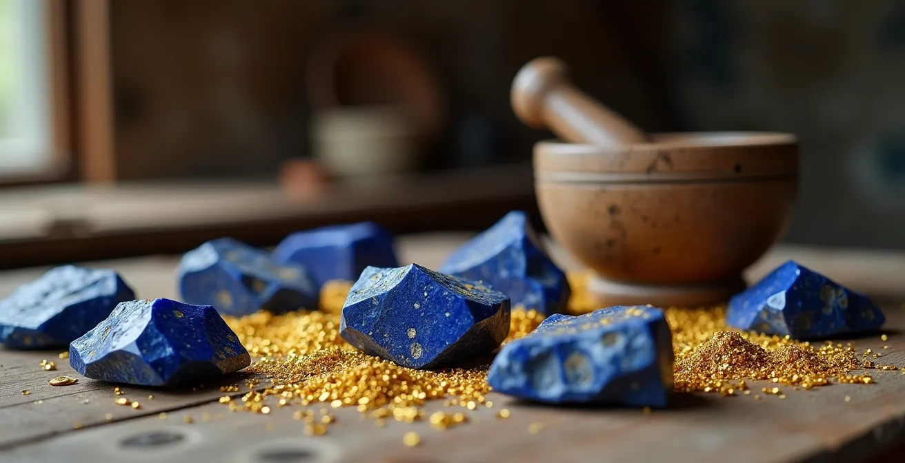 Pigmentos de lapislázuli y pan de oro en el taller de un pintor flamenco