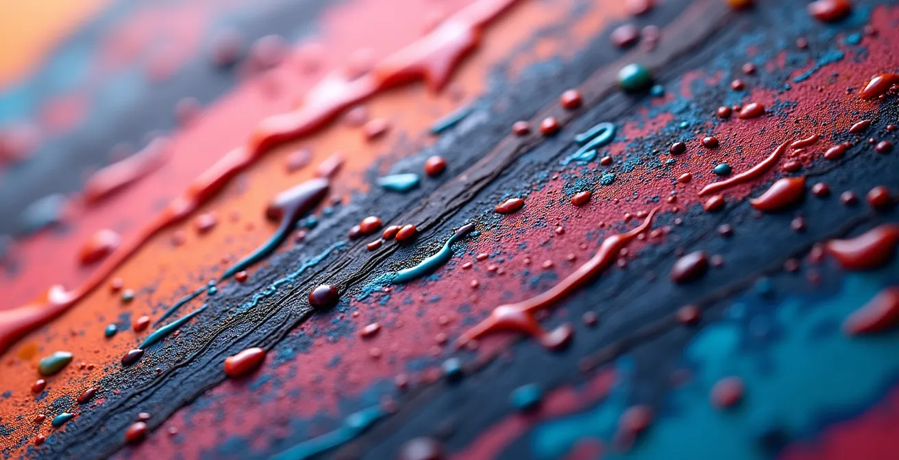 Detalle macro de pintura al óleo con efecto glitch digital