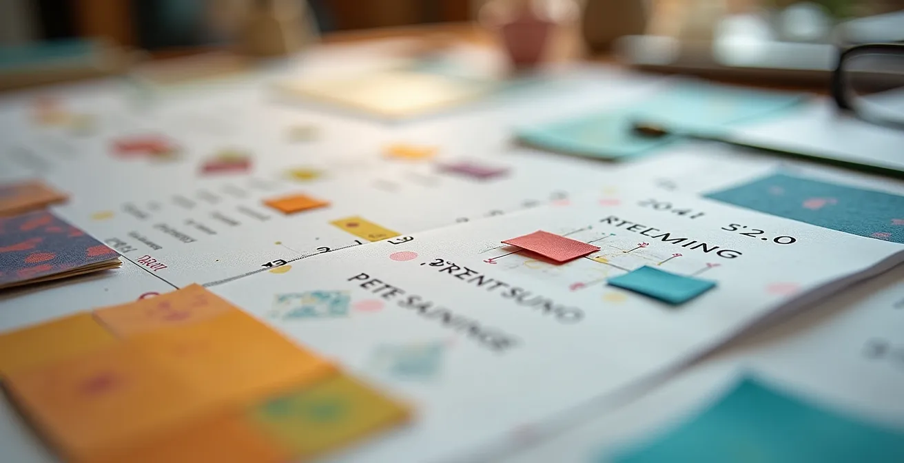 Mesa de trabajo de un artista con la planificación temporal de un proyecto de tesis doctoral y diversos documentos de investigación.