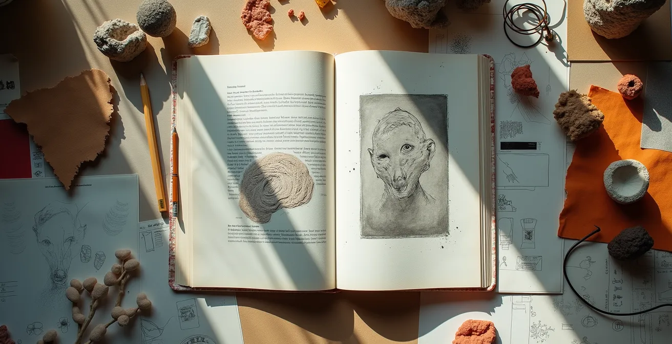 Mesa de trabajo con libros abiertos, bocetos y prototipos artísticos en proceso