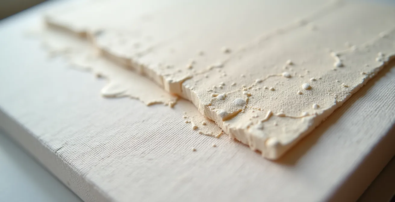 Detalle del proceso tradicional de imprimación sobre lino crudo con técnicas barrocas