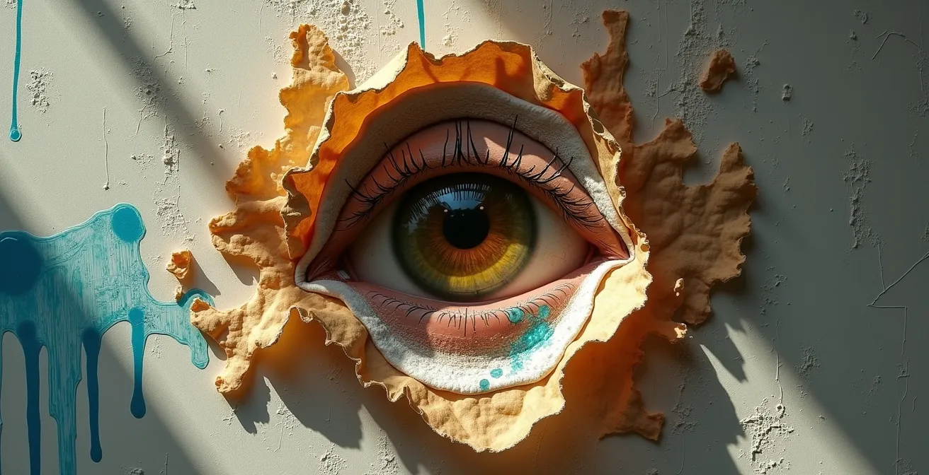 Composición simbólica de elementos abstractos que representan la transformación de experiencias personales en arte