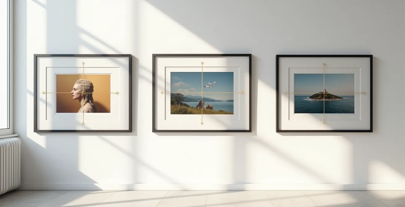 Comparación visual de la regla de tercios aplicada en pintura clásica, fotografía y diseño digital