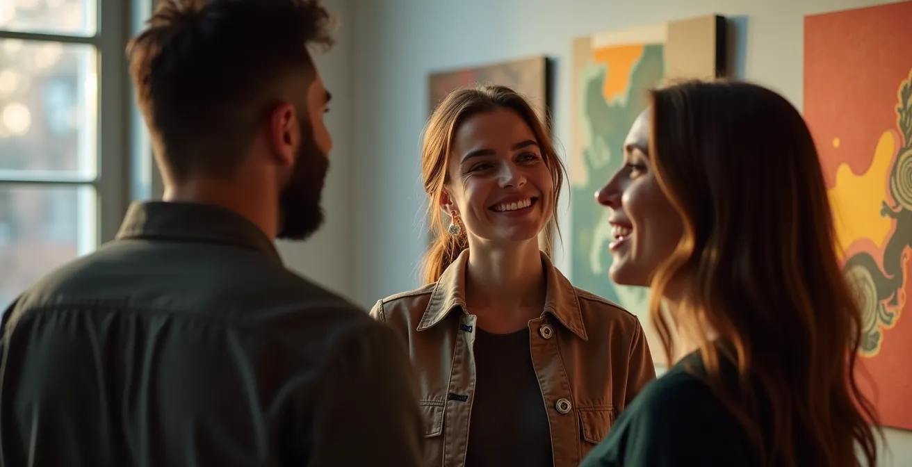 Conversación profesional entre un artista emergente, su profesor y un curador en un espacio expositivo.