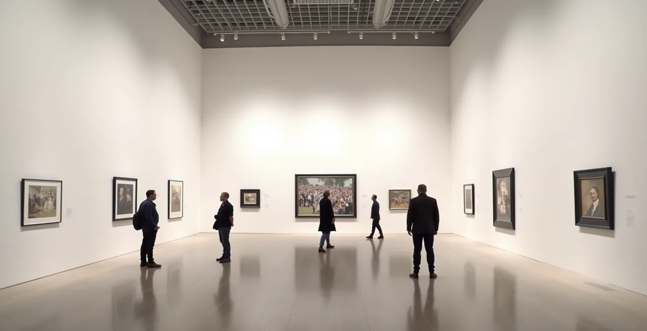 Vista amplia de una retrospectiva en museo con obras dispuestas cronológicamente