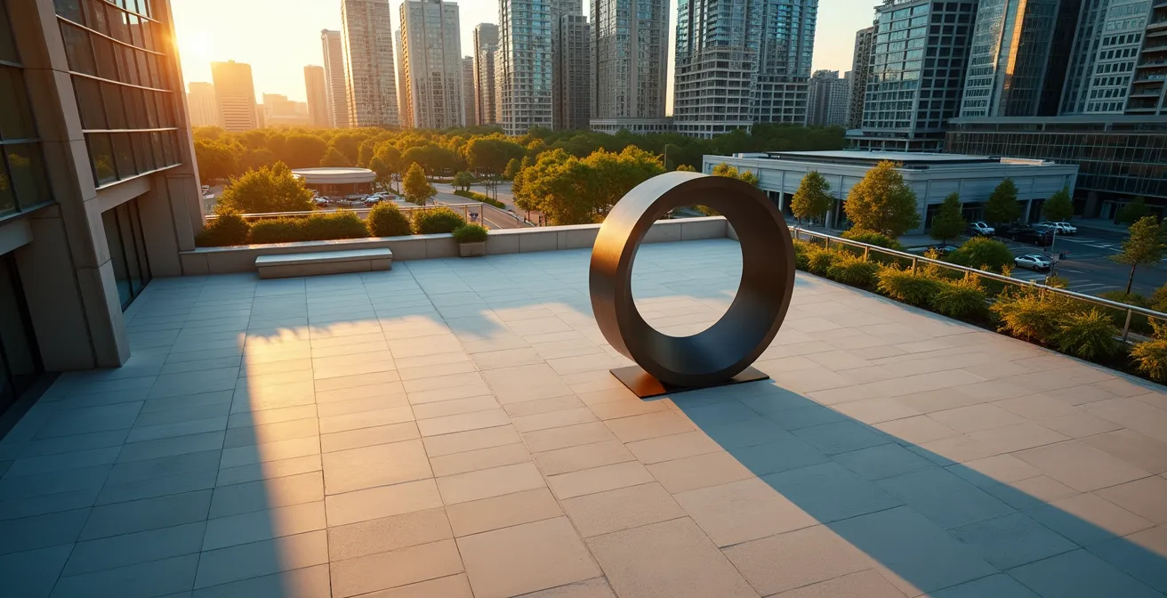 Perspectiva aérea mostrando escultura urbana en relación con edificios circundantes