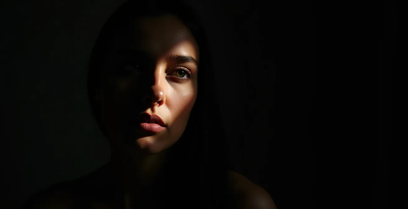 Retrato dramático aplicando técnica de claroscuro con iluminación tipo Rembrandt en estudio fotográfico