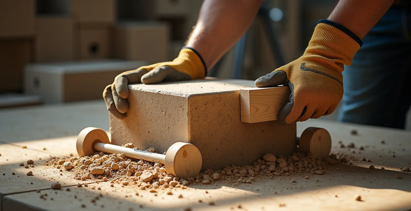 Sistema de rodillos y palancas para mover esculturas pesadas de forma segura