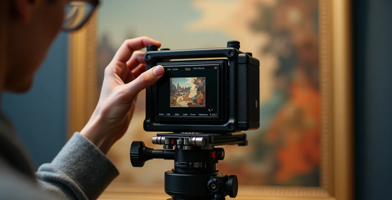 Proceso de fotografía profesional de obra de arte usando técnica de stitching para gigantografías