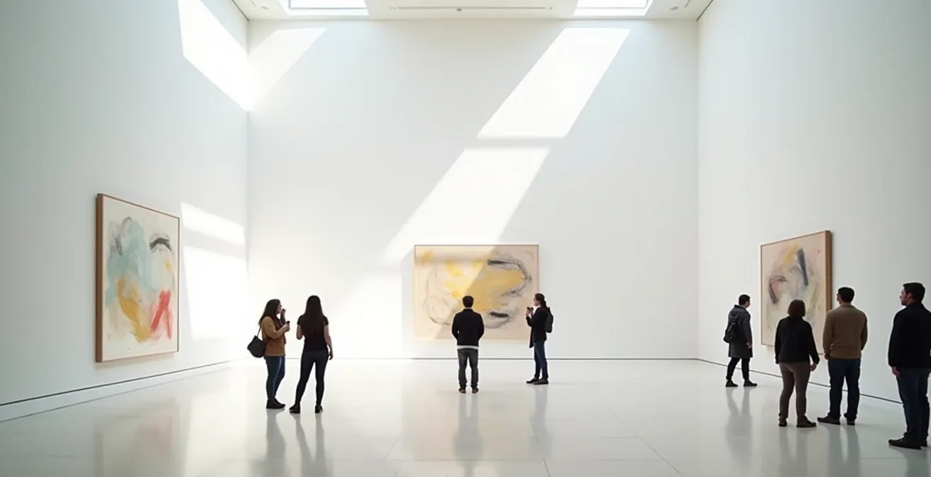 Galería de arte minimalista con obras abstractas y visitantes contemplando