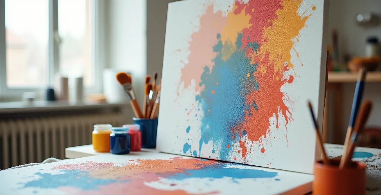 Vista lateral de capas pictóricas mostrando la transición entre acrílico y óleo