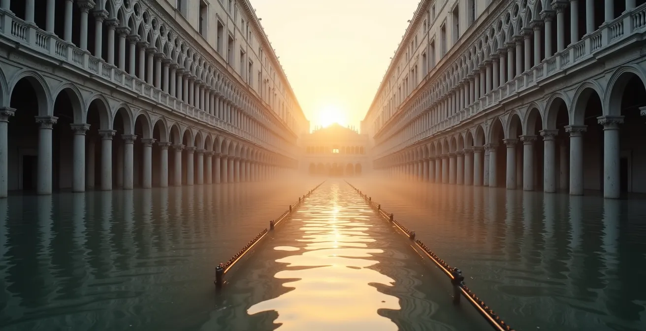 Vista amplia de la Plaza San Marcos durante marea alta con pasarelas temporales instaladas para turistas